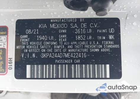 2021 Kia Rio Lx z USA, uszkodzony, nr VIN 3KPA24AD7ME422416